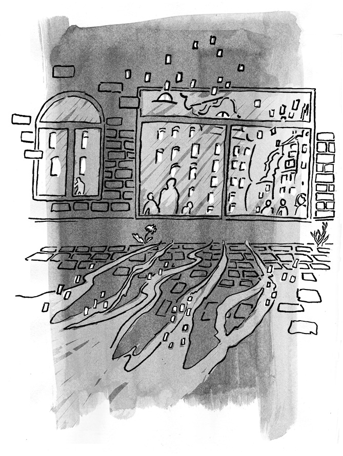 contemporary illustration Stephanie Heike black-and-white ink rain reflection street Gdansk